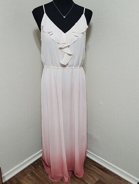 LC Lauren Conrad Cream & Pink Ombré Chiffon Ruffle Maxi Dress Sz S Boho Vacay